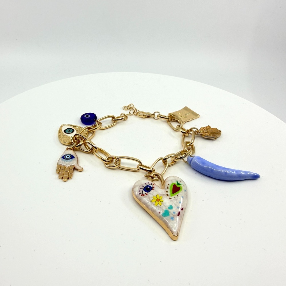VTG Boho Evil Eye Hamsa Hand Gold Tone Charm Bracelet Retro Y2K